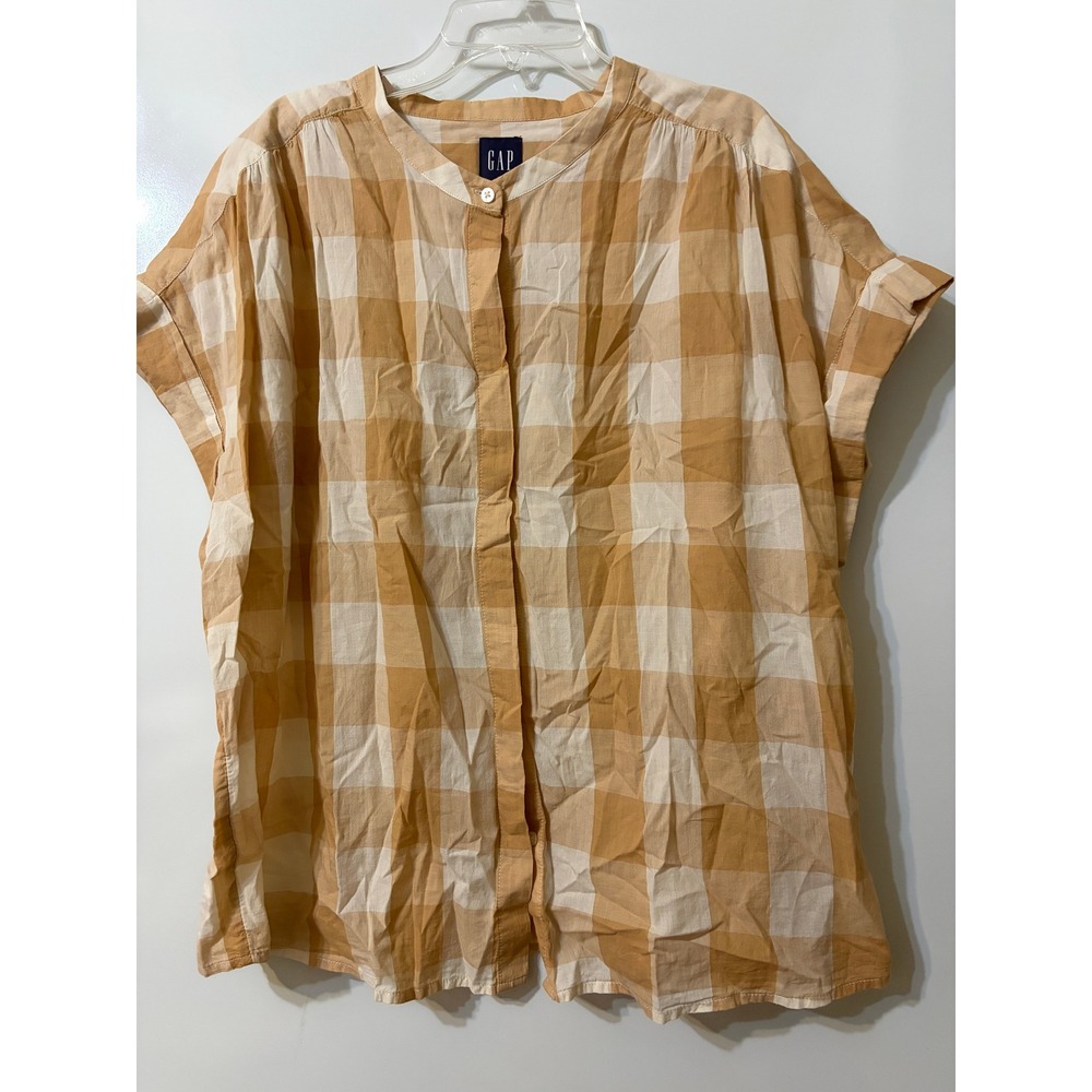 Gap Womens LG‎ Tall Tan White Gingham Plaid Band Collar Button Down Blouse Top